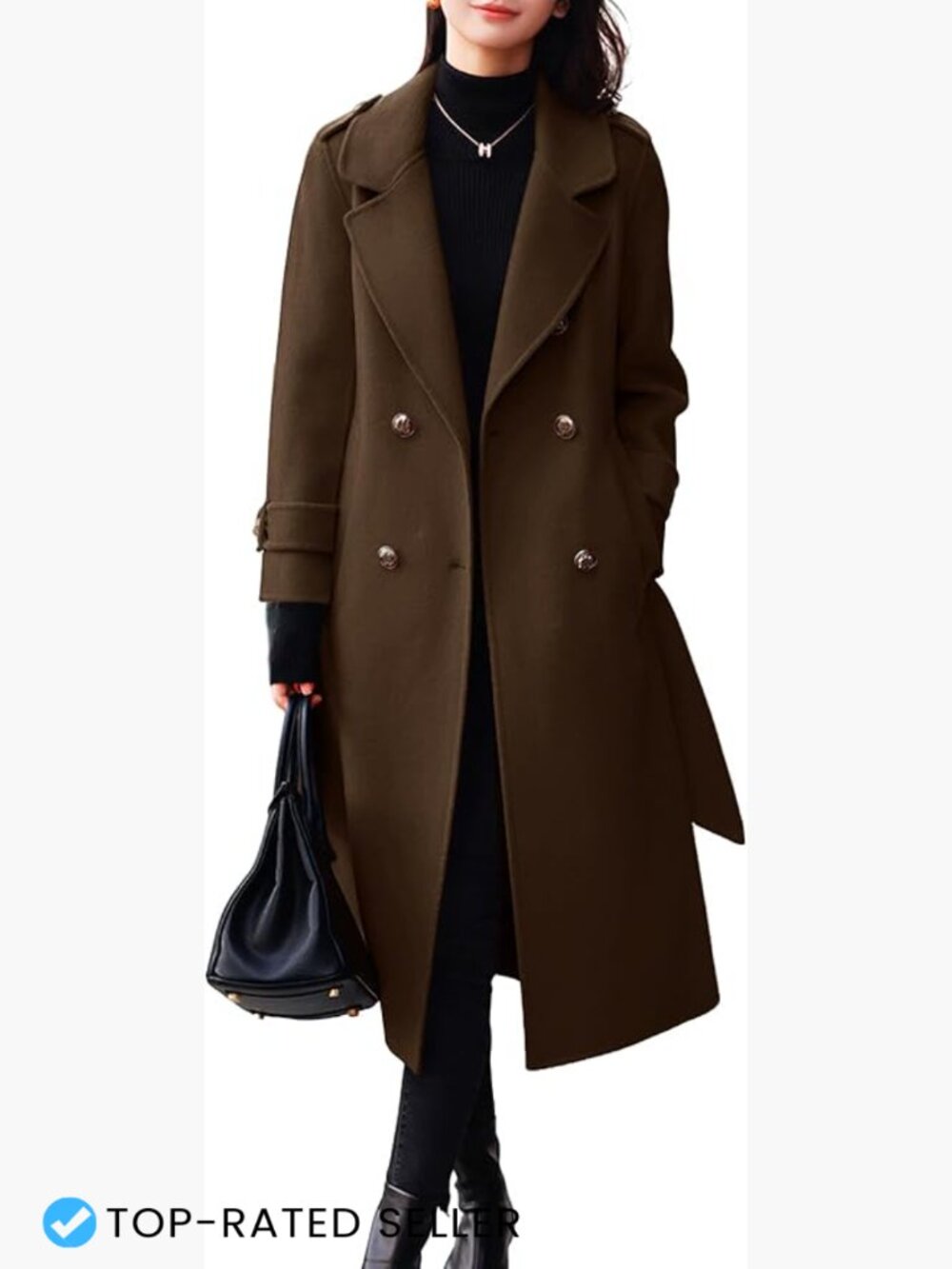 Belted Wool Blend Pea Coat Double Breasted Midi Long Business Casual Winter